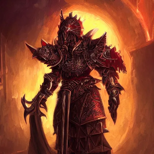 Image similar to blood paladin, fantasy art, located in a castle, legendary spiky armor, red sunlight through the window, decorated, high quality, highly detailed,