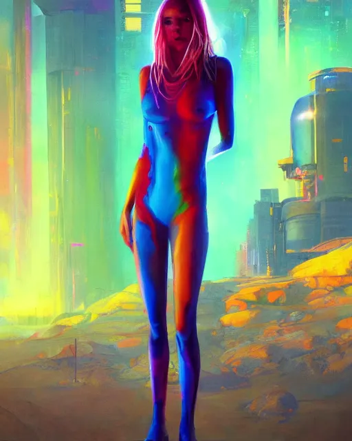 Image similar to colorful full body portrait of a hippie, set in the future 2 1 5 0 | highly detailed | very intricate | symmetrical | professional model | cinematic lighting | award - winning | painted by mandy jurgens and ross tran | pan futurism, dystopian, bold colors, cyberpunk, groovy vibe, anime aesthestic | featured on artstation