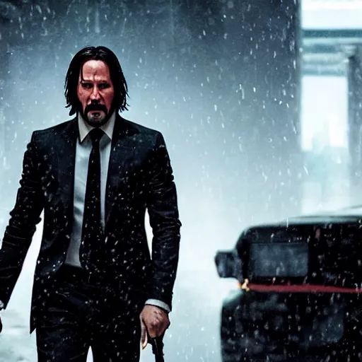 Image similar to john wick with the avengers, dramatic, epic, cinematic, key moment, lighting effects