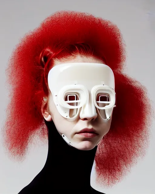 Image similar to symmetrical portrait of a woman wearing a red embroidered translucent silicone mask and white frizzy hair buns, wearing a black bodysuit by alexander mcqueen, cream white background, soft diffused light, biotechnology, humanoide robot, futuristic aesthetic, translucent, ethereal, intricate details, highly detailed, masterpiece,