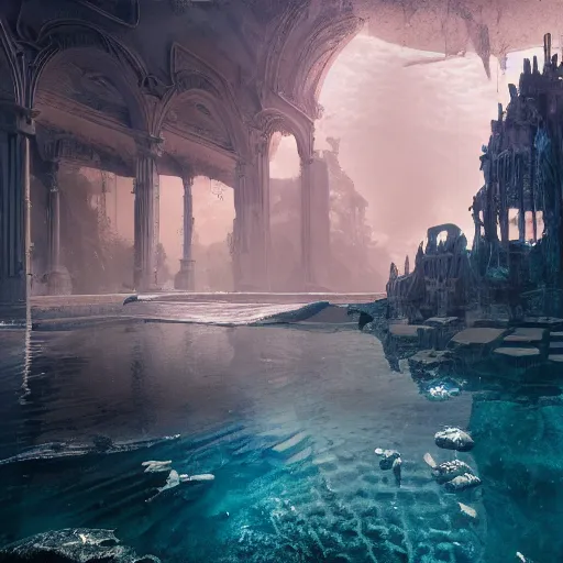 Image similar to The lost Atlantis appears in the multiverse, and the overall tone is atmospheric, hazy, magical, hyper-detailed and realistic，baroque style, realistic geometry, unreal engine 5, hyper realistic, insane details, reflections, best quality, cinematic, epic, 8k, octane render, atmospheric, ambient, volumetric lighting, ultra detail, surrealism,--ar 16:9