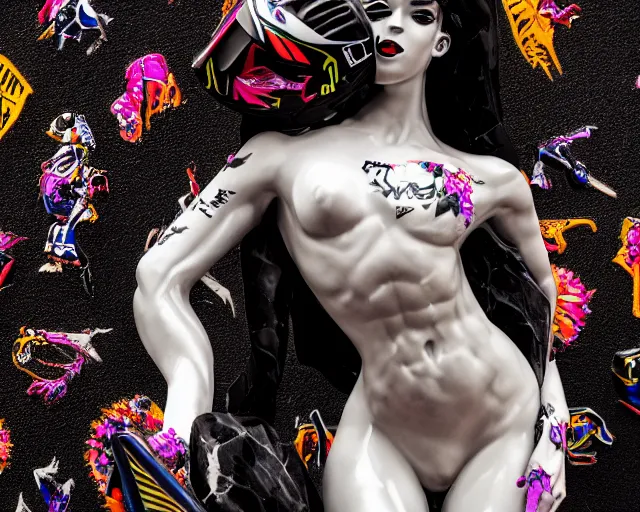 Image similar to extremely beautiful female black marble statue with colorful motocross logos behind her, sharp focus, clear, detailed,, cinematic, detailed, off white, glamourous, symmetrical, vogue, editorial, fashion, magazine shoot, glossy