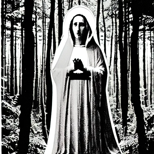 Prompt: marian apparition in forest, found footage, vhs, 1 9 9 0, beautiful, highly realistic, highly detailed, vhs noise static, black and white, vhs glitch