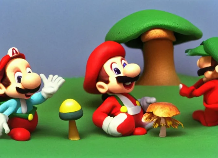 Prompt: still from a 1 9 8 5 live - action stop - motion puppetry tv show by tim burton starring the mario bros. and bowser and princess toadstool and toad and mario's enemies in dioramas of the mushroom kingdom. everything is made of plasticine, fabric, and physical materials. photographic ; cute ; highly - detailed.