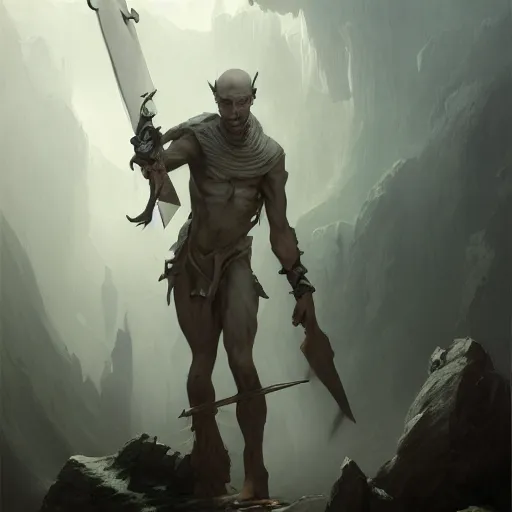 Image similar to wide shot, fantasy painting of a pale man with a black blade covered in runes, painted by Bayard Wu, ultra detailed, 8k