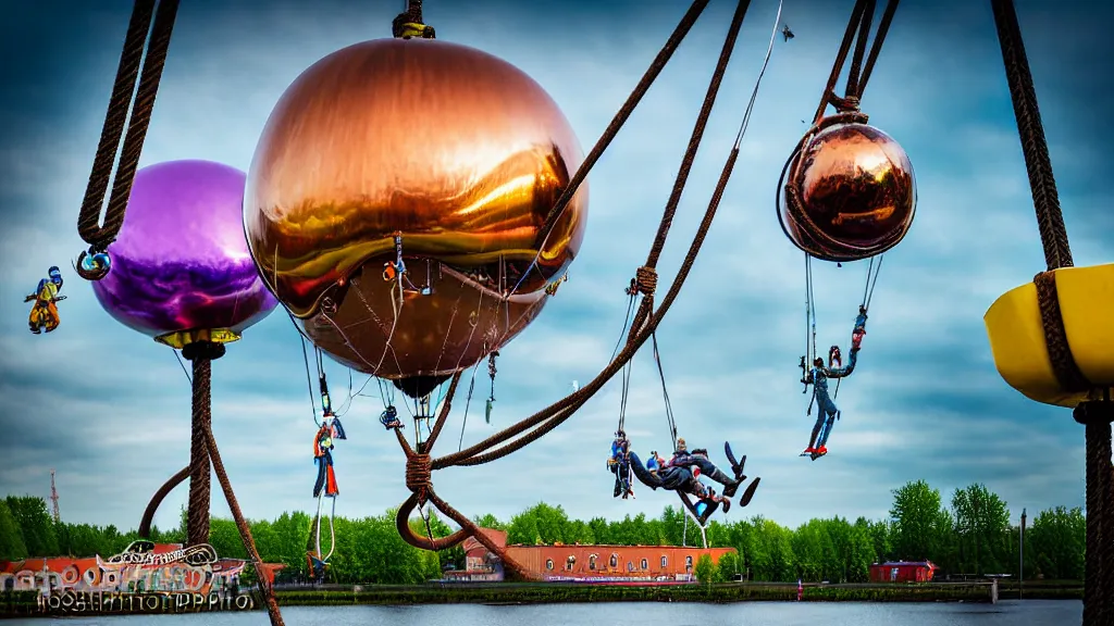 Image similar to large colorful futuristic space age metallic steampunk steam - powered balloons with pipework and electrical wiring around the outside, and people on rope swings underneath, flying high over the beautiful klaipeda in lithuania city landscape, professional photography, 8 0 mm telephoto lens, realistic, detailed, photorealistic, photojournalism