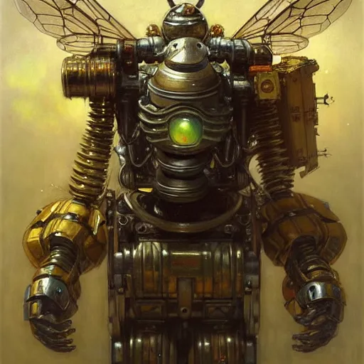 Image similar to highly detailed robot in the form of a bee, art by donato giancola, eugene delacroix, ruan jia, carl larsson, peter mohrbacher. trending on artstation, intricate details, energetic composition,, concept art, illustration, elegant art, global illuminaition