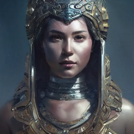 Image similar to a beautiful portrait of a iron goddess, a detailed painting by greg rutkowski and raymond swanland, featured on cgsociety, fantasy art, detailed painting, artstation hd, photorealistic