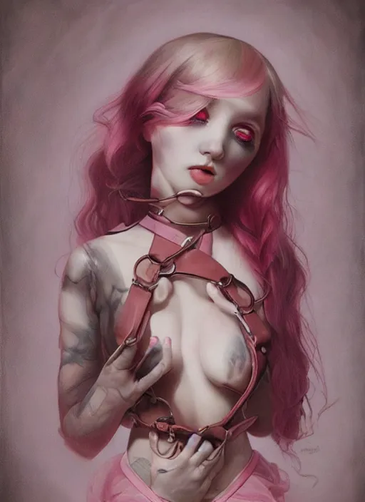 Image similar to pop surrealism, lowbrow art, realistic cute girl painting, pink body harness, shibari, hyper realism, muted colours, rococo, natalie shau, loreta lux, tom bagshaw, trevor brown style,