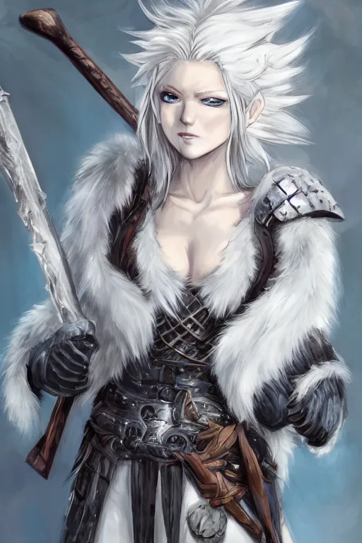 Prompt: beautiful semi realistic anime portrait of a fully clothed female barbarian with white hair, pale blue eyes, looking at camera, D&D, fur cape, full body plated armor, long wild spiky hair, cocky smirk, intricate outfit, elegant, stylish, fantasy, dark fantasy, epic fantasy, extremely detailed, digital painting, artstation, concept art, HD, 8k, smooth, sharp focus, illustration, stunning lighting, art by Artgerm and Ross Tran and WLOP, fully clothed, fully dressed