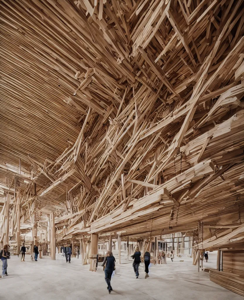 Image similar to a complex building, large wood joinery, dowels and pegs, people walking, architectural photography