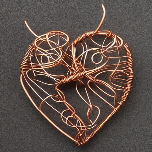 Image similar to a very beautiful tiny human heart organic sculpture made of copper wire and threaded pipes, very intricate, curved. studio lighting, high resolution, high quality, black background