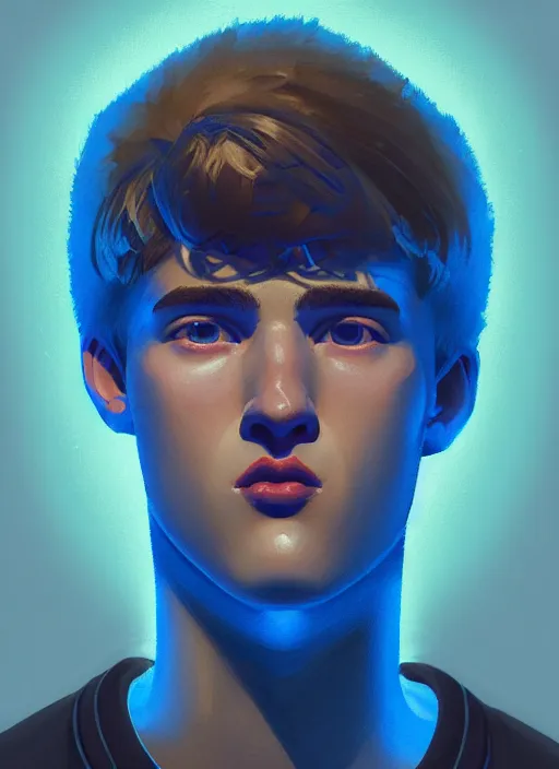 Image similar to portrait of high school senior boy named big moose, blonde short hair, jock, beefy, wide face, square jaw, square facial structure, blue varsity jacket with letter r, intricate, elegant, glowing lights, highly detailed, digital painting, artstation, concept art, sharp focus, illustration, art by wlop, mars ravelo and greg rutkowski