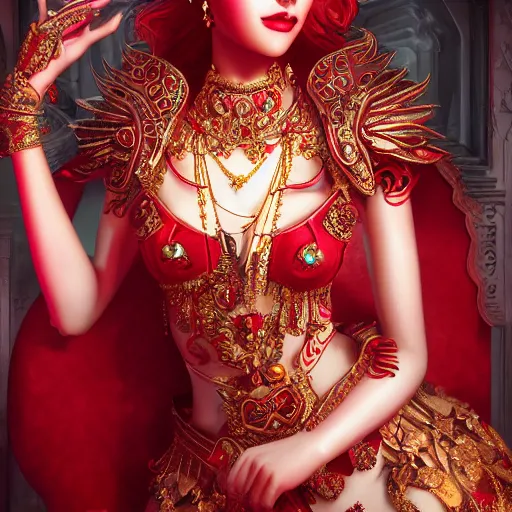 Image similar to wonderful princess with smooth fair skin, alluring eyes, red eyeshadow, red jewelry, breathtaking, elegant, intricate, ornate backdrop, hyper detailed, accent lighting, 4 k glamour photography, octane render