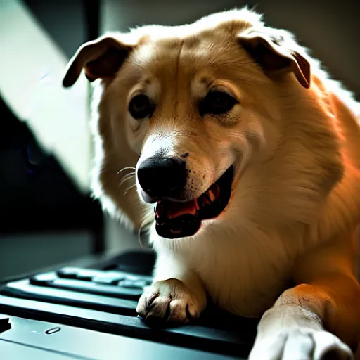 Prompt: barking angry dog on keyboard photo dramatic lighting