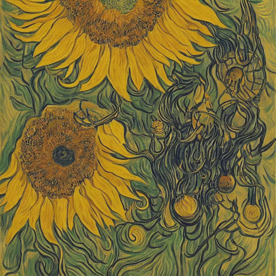 Image similar to Artwork about a magnificent sunflower within a tribal dreamcatcher that contains a huge treehouse', by Van Gogh