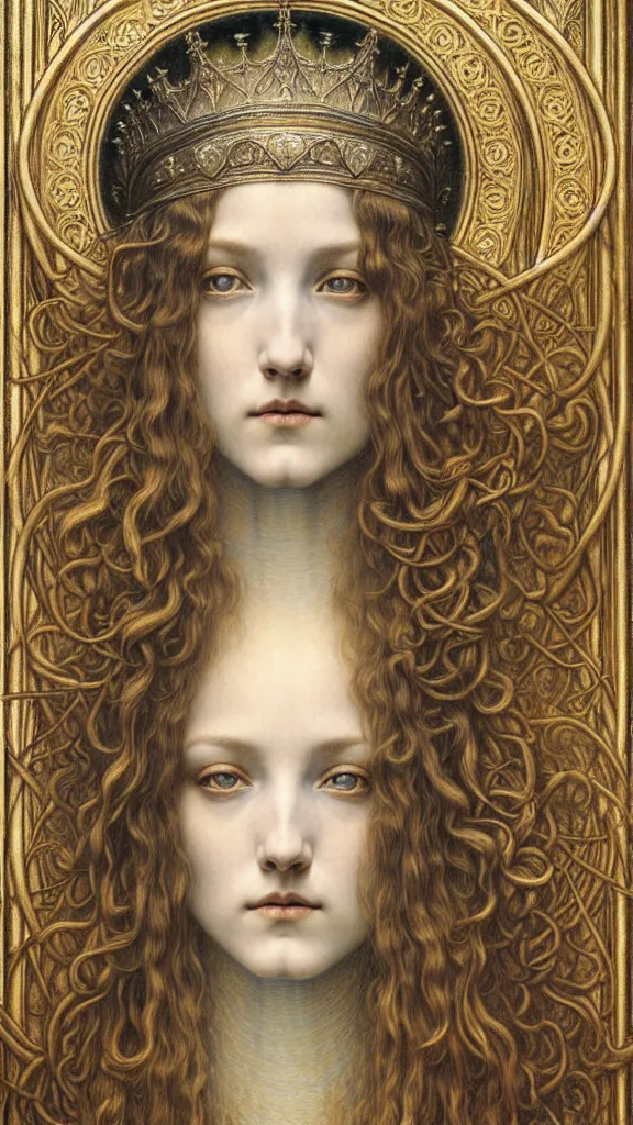 Image similar to detailed realistic beautiful young medieval queen face portrait by jean delville, gustave dore and marco mazzoni, art nouveau, symbolist, visionary, gothic, pre - raphaelite. horizontal symmetry