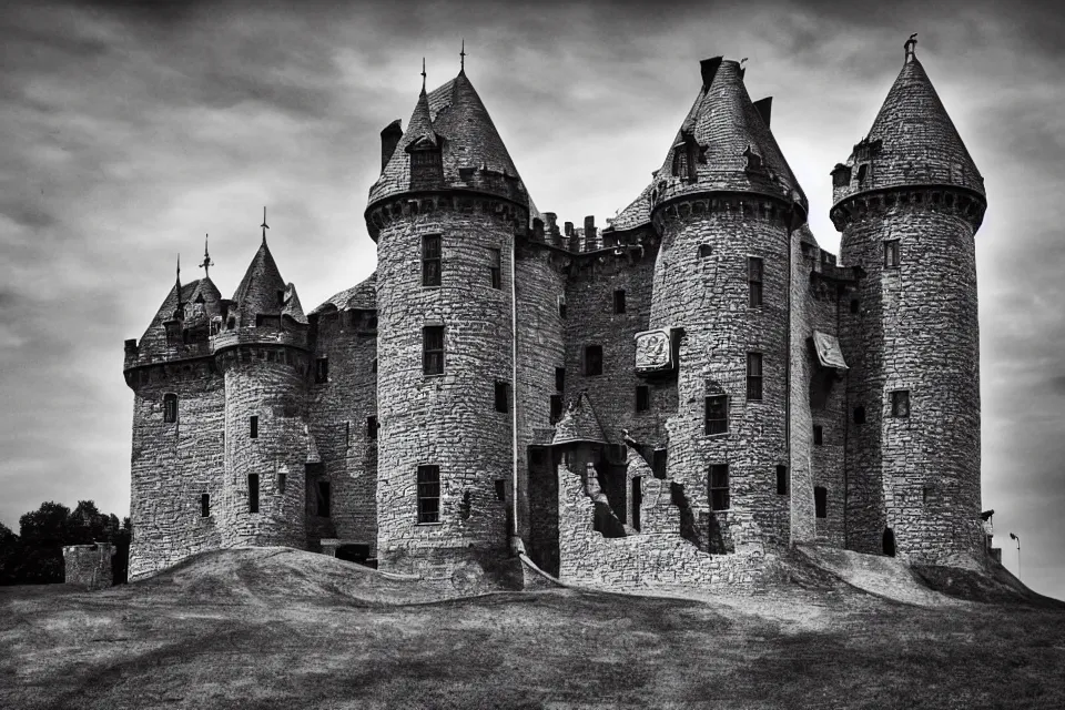 Image similar to a castle made out of letters, black and white photography