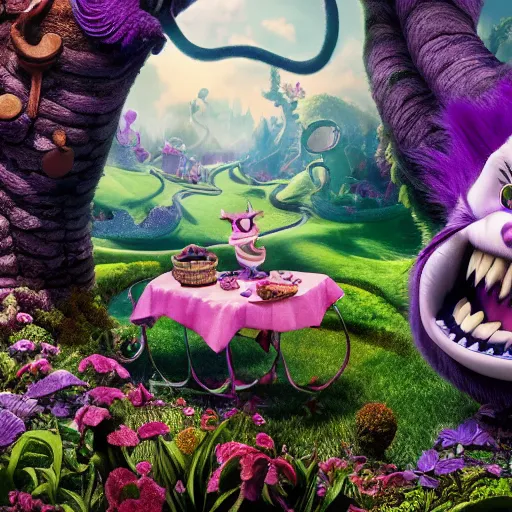 Image similar to the cheshire cat grinning, alice in wonderland, pixar, highly detailed intricate painting, long shot, 3 5 mm camera wide angle, cinematic