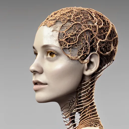 Prompt: complex 3d render ultra detailed of a beautiful porcelain profile woman face, red hazel eyes, vegetal dragon cyborg, 150 mm, beautiful natural soft light, rim light, golden niobium details, pione big leaves and stems, roots, fine lace, maze like, mandelbot fractal, anatomical, facial muscles, cable wires on body, microchip, elegant, white metallic armor, octane render, black and white, H.R. Giger style