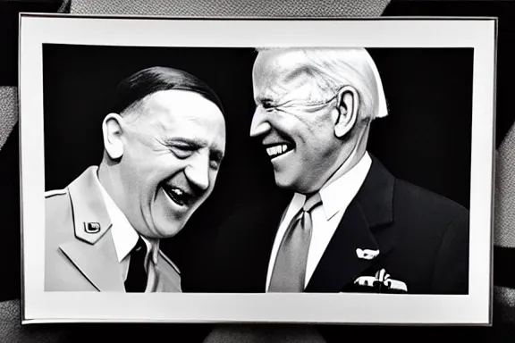 Image similar to “ very very intricate photorealistic photo of hitler and joe biden laughing together, detailed natural lighting, award - winning crisp details ”