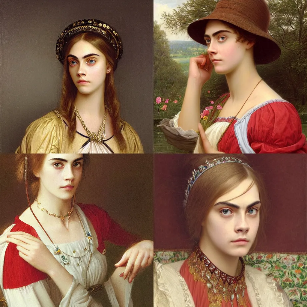 Prompt: a portrait painting of Cara Delevingne without makeup by Edmund blair Leighton