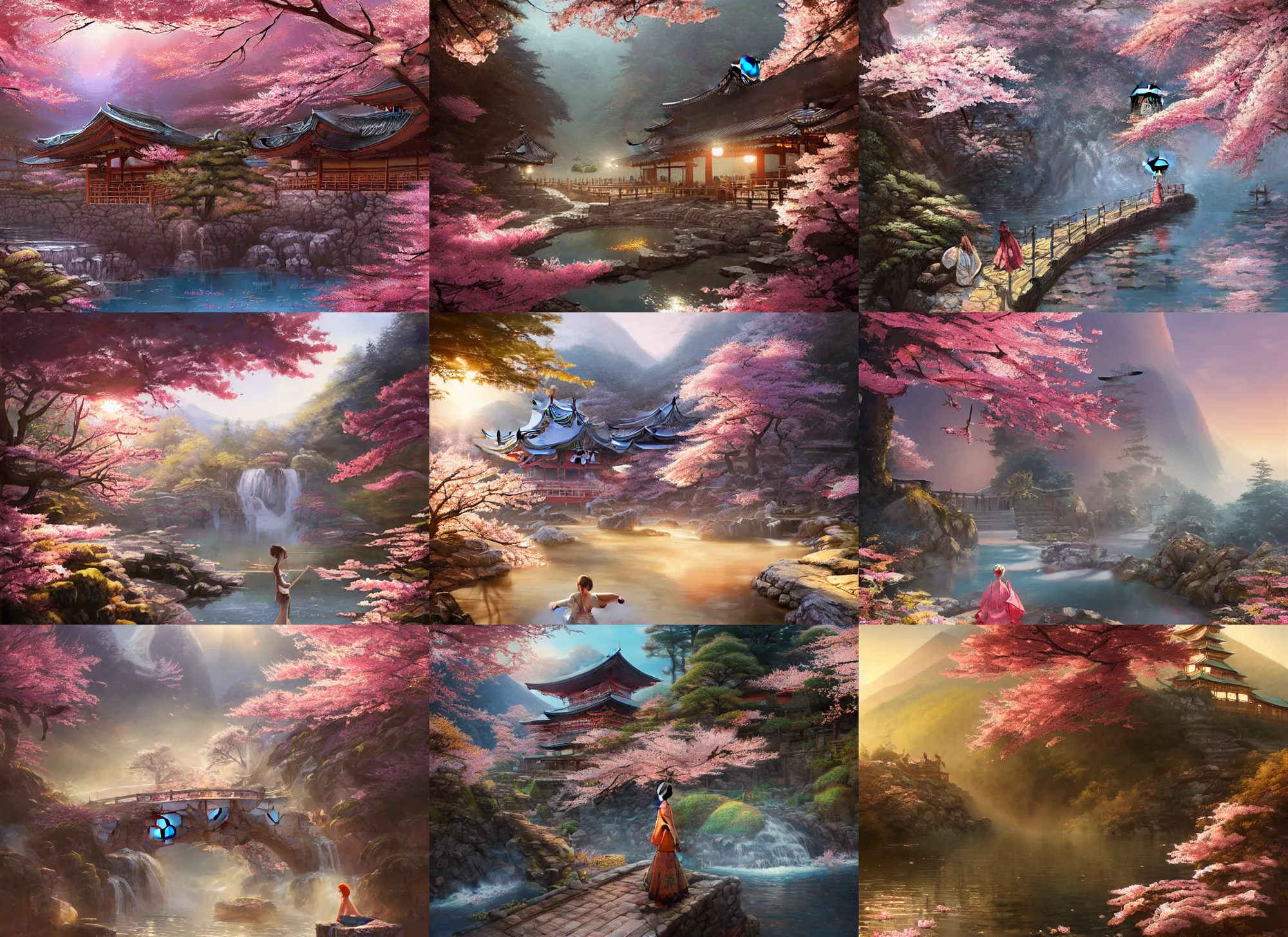 Prompt: princess at a japanese mountain onsen at golden hour, cherry blossoms, Concept art by Marc Simonetti, Darek Zabrocki, Jordan Grimmer, Noah Bradley, masterpiece, highly detailed and ultra realistic, trending on artstation