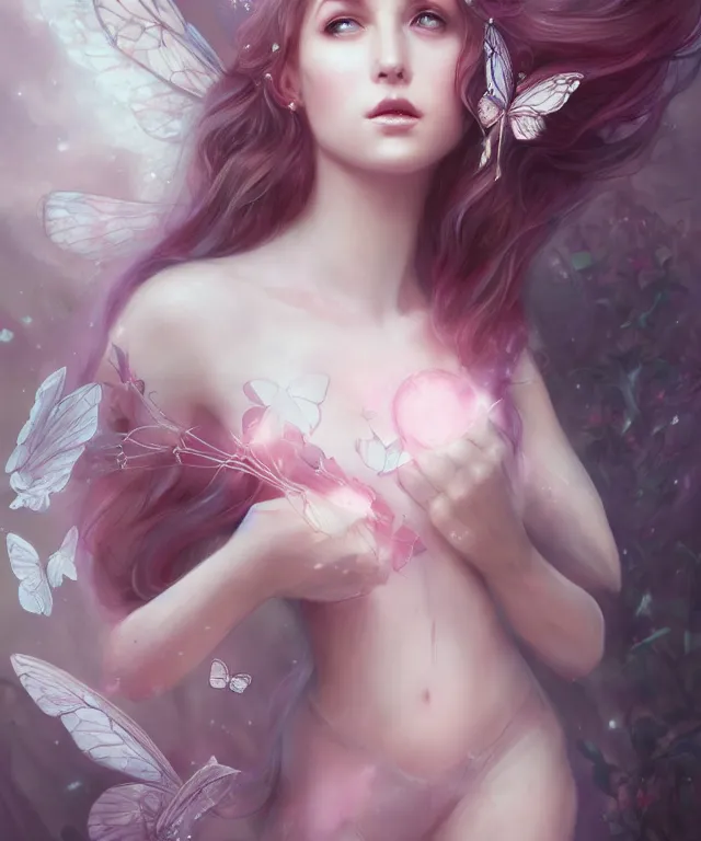 Prompt: fairy with butterfly wings by charlie bowater and titian and artgerm, full - body portrait, intricate, face, forest, elegant, pink mist, beautiful, highly detailed, dramatic lighting, sharp focus, trending on artstation, artstationhd, artstationhq, unreal engine, 4 k, 8 k