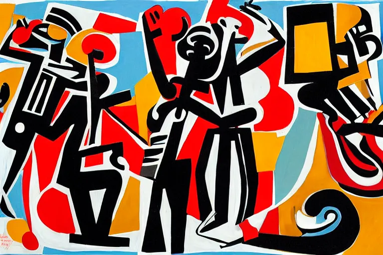 Image similar to 3 jazz musicians, head and shoulders playing with musical notes as abstract art in the style of Stuart Davis