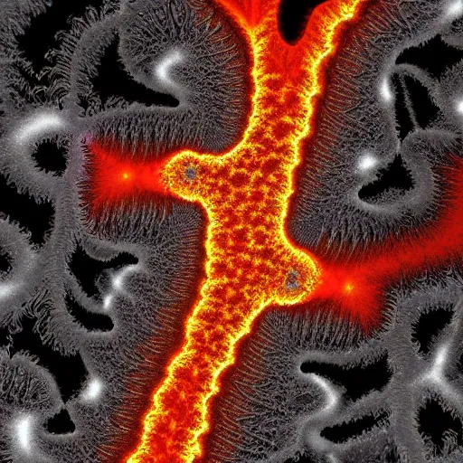 Image similar to award - winning photo of a beautiful glowing molten fractal magma, inner glow, lava texture