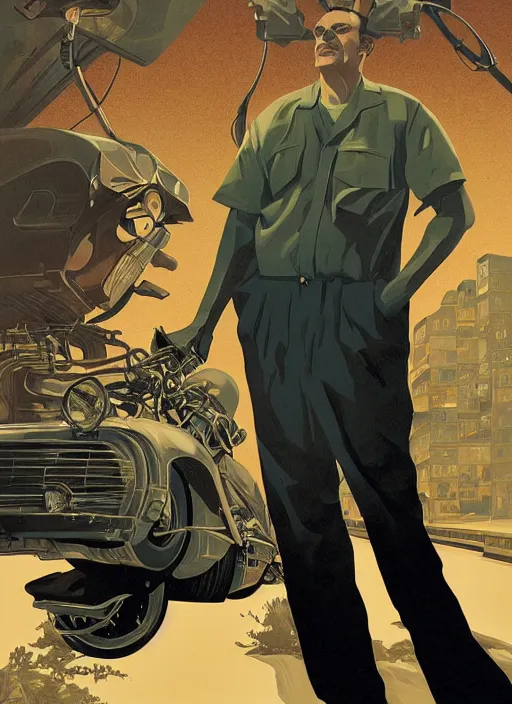 Image similar to poster artwork by Michael Whelan and Tomer Hanuka, Karol Bak of portrait of Michael Shannon the local mechanic clerk at the auto store, from Twin Peaks, clean, simple illustration, nostalgic, domestic, full of details