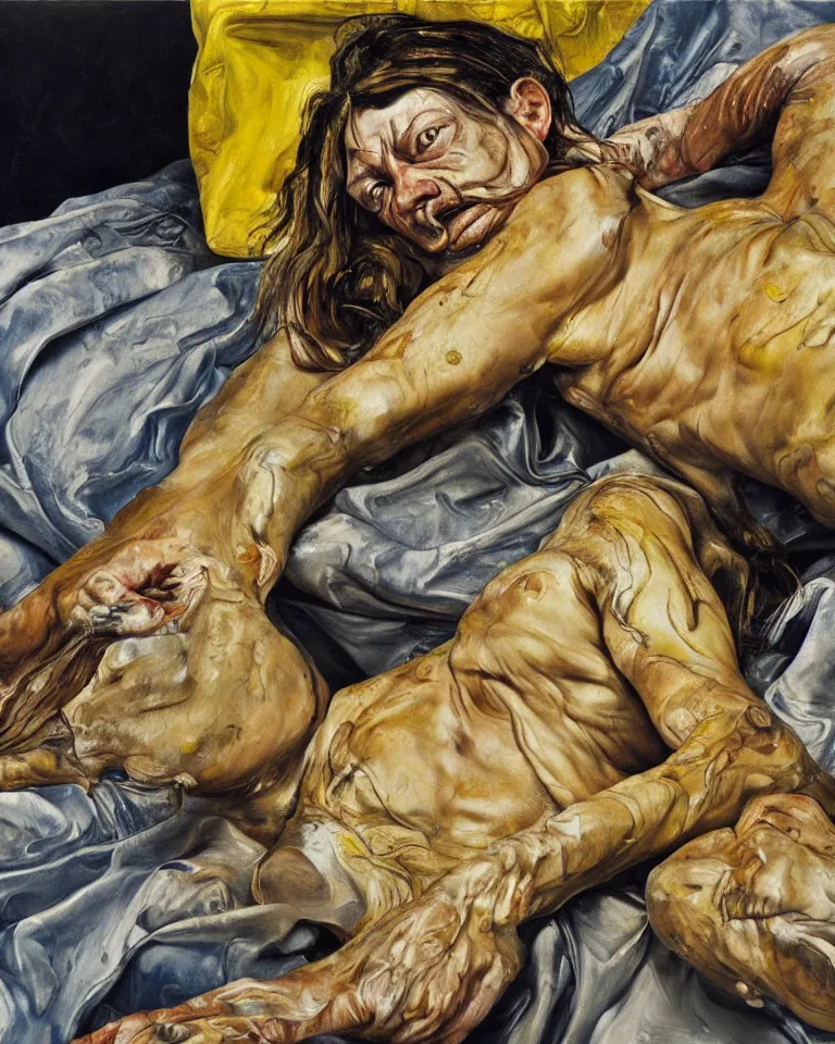 Image similar to high quality painting by lucian freud and jenny saville, hd, high contrast, fine details, hd, mangenta, indigo, yellow