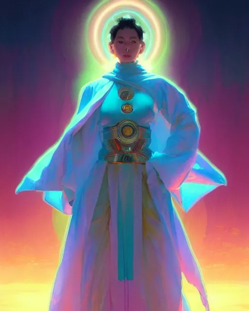 Image similar to a robot monk wearing a flowing cloak, vaporwave aesthetic, colorful, psychedelic, digital painting, artstation, concept art, smooth, sharp focus, illustration, art by artgerm and greg rutkowski and alphonse mucha