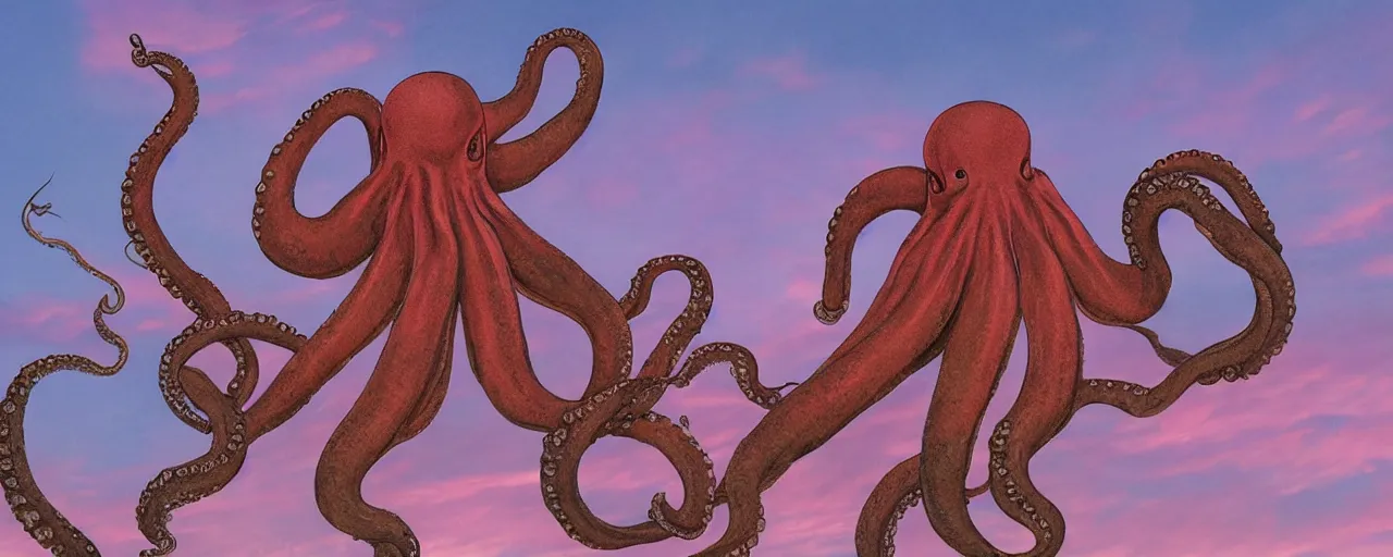 Prompt: colossal octopus deity flying over a pink sky,