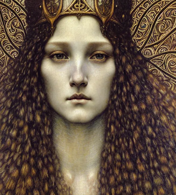 Image similar to detailed realistic beautiful young medieval queen face portrait by jean delville, gustave dore and marco mazzoni, art nouveau, symbolist, visionary, gothic, pre - raphaelite. horizontal symmetry