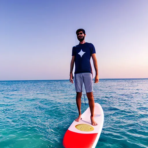 Prompt: slim pakistani male in a tshirt and shorts paddleboarding in the ocean off the edge of a flat earth, landscape, 4k, wide lens, starry night