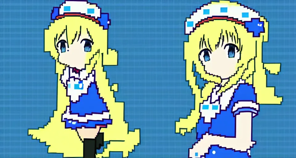 Prompt: picture of mugi from k - on, with crown!!! on top! of her head!, pixelated! eyes!, pixelated! garden background, pixel art