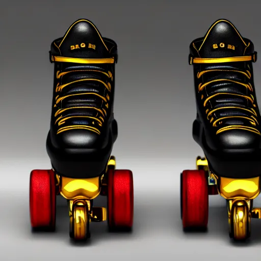 Image similar to a pair of golden roller skates, digital illustration, detailed, 8 k, artstation, detailed and intricate, 8 k resolution, hyperrealistic, octane render, cinematic 9