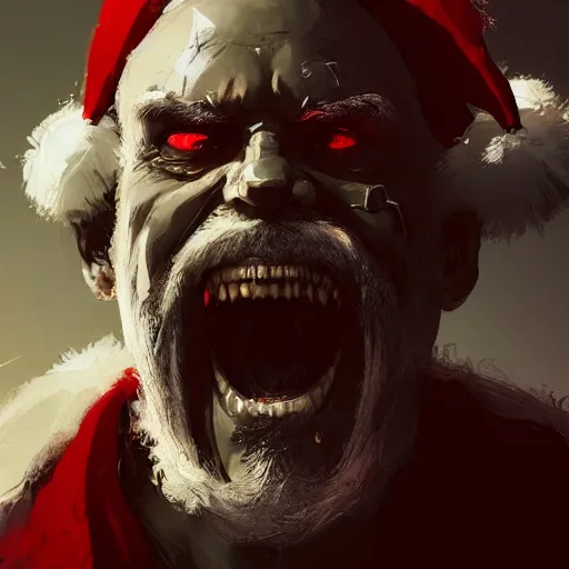 Prompt: portrait of santa with an evil smile licking his lips, dramatic lighting, illustration by greg rutkowski, yoji shinkawa, 4 k, digital art, concept art, trending on artstation