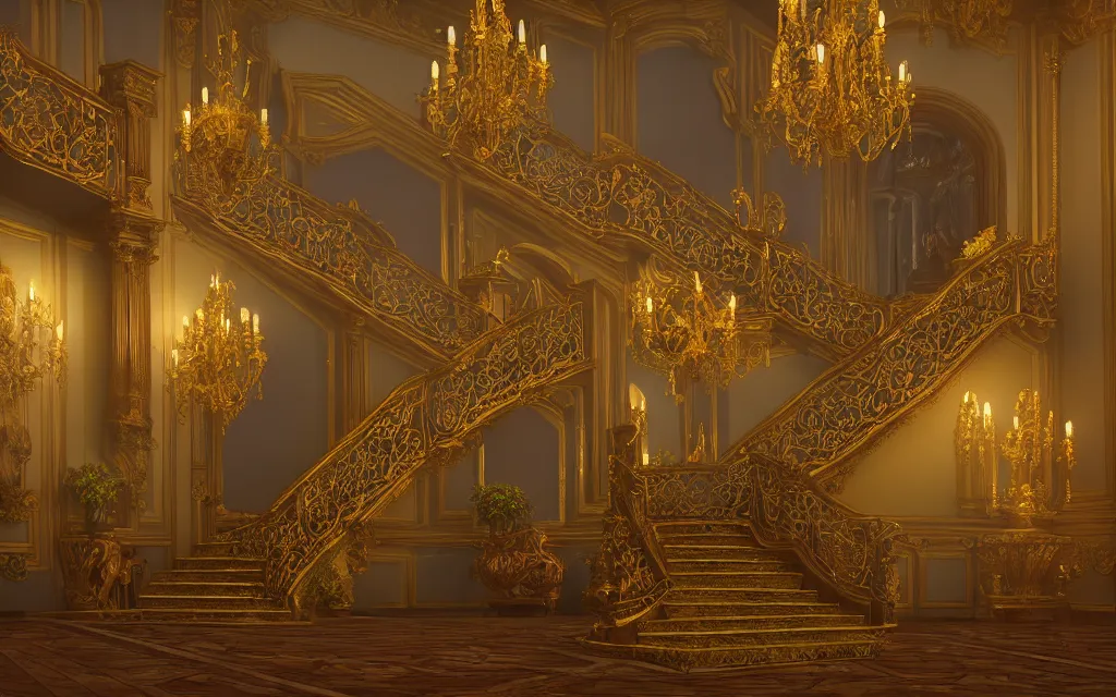 Image similar to a large royal staircase inside of an estate with high ceilings, beautiful lighting, fantasy colors, vivid colors!, highly detailed, octane render, 4 k, focused, extreme details, unreal engine 5, cinematic, trending on artstation, deviantart featured