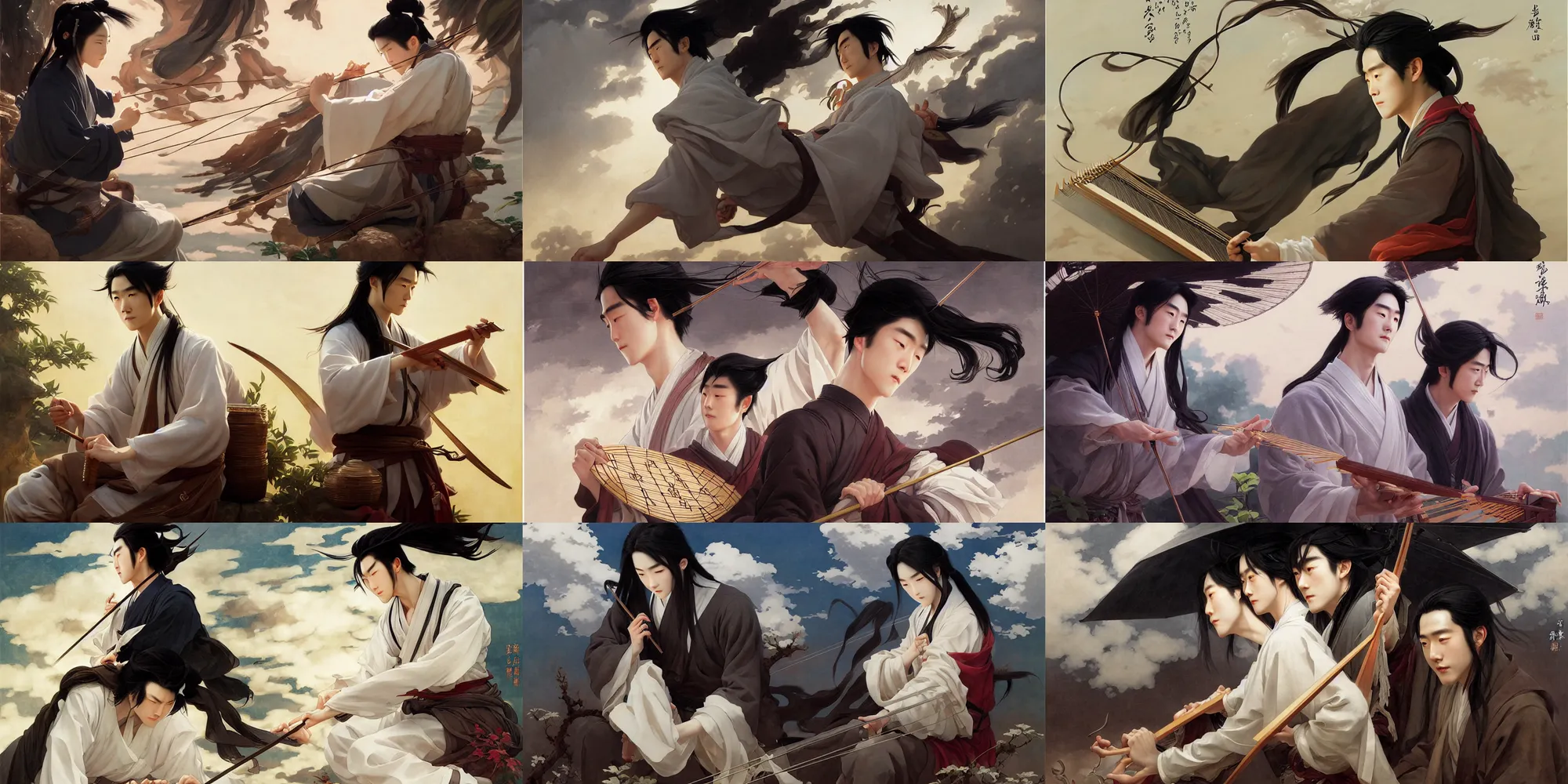 Prompt: lan zhan playing zither mo zu dao shi portrait, dark, heavenly clouds, white and pure, peaceful, in the style of studio ghibli, j. c. leyendecker and greg rutkowski