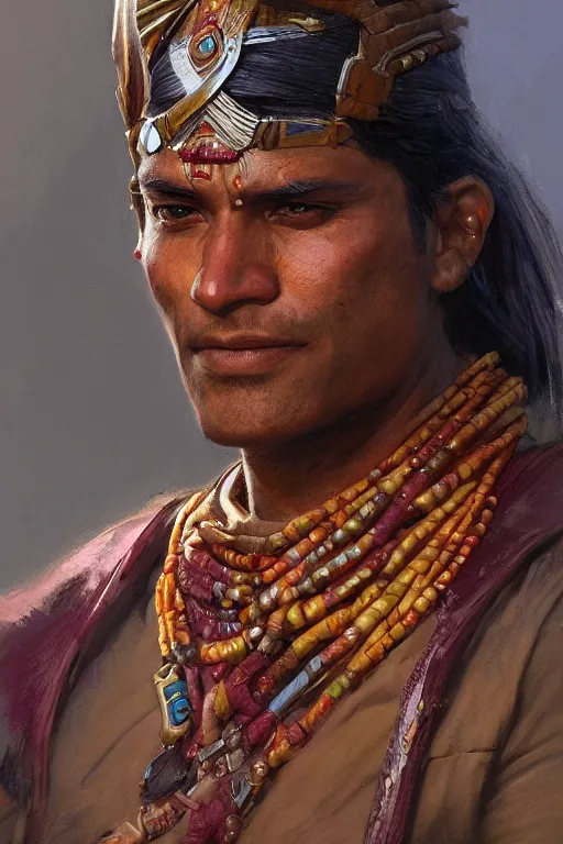 Image similar to Indian warrior, closeup character portrait art by Donato Giancola, Craig Mullins, digital art, trending on artstation