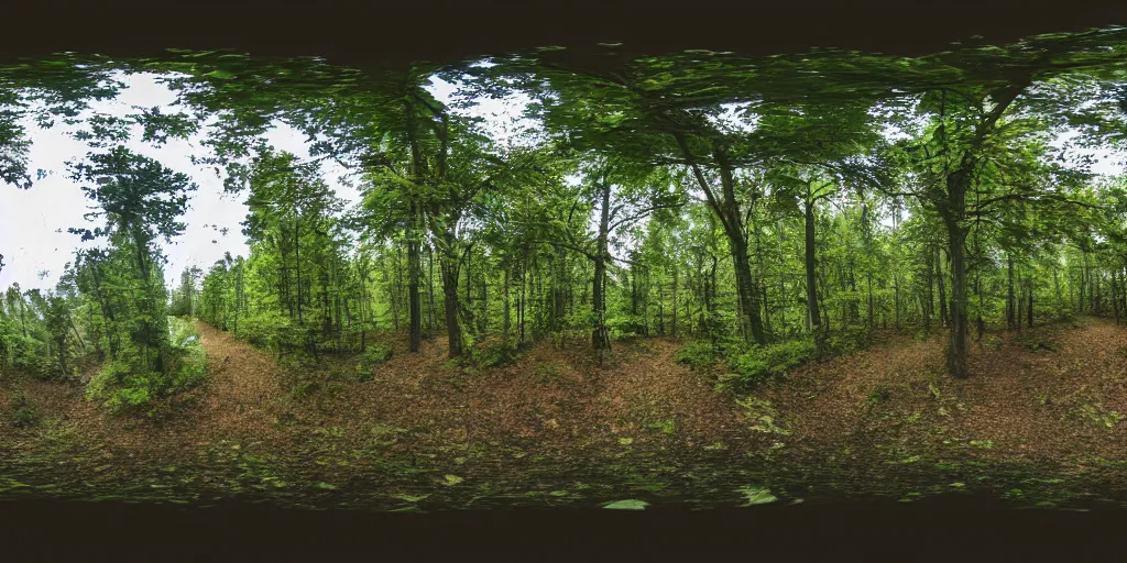 Image similar to a high quality professional 360 photograph of a scary forest