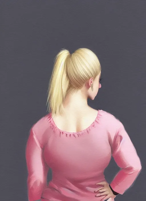 Image similar to full body portrait, teenage lili reinhart, blonde hair, obese, bangs, ponytail, sultry, realistic, sultry, fluffy bangs, shirt, curly bangs, fat, belly, intricate, elegant, highly detailed, digital painting, artstation, concept art, smooth, sharp focus, illustration, art by wlop, mars ravelo and greg rutkowski