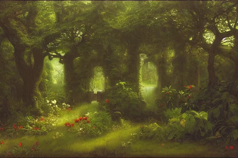 Image similar to secret garden, lush, floral, botanical, romanticism, dark, moody, hudson river school