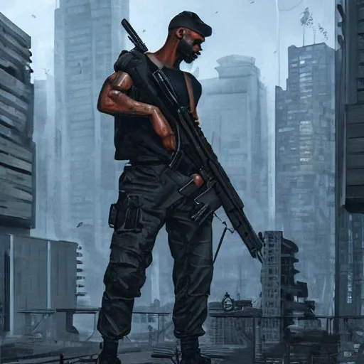 Prompt: A broad shouldered, muscular man wearing Acronym p-31 Ds pants and Sleeveless shirt and Nike Acronym presto sneakers, rooftop, sniper rifle stationed in background, Police sirens shining in far background, high quality, digital art, dirty cyberpunk city, rain, greg rutkowski