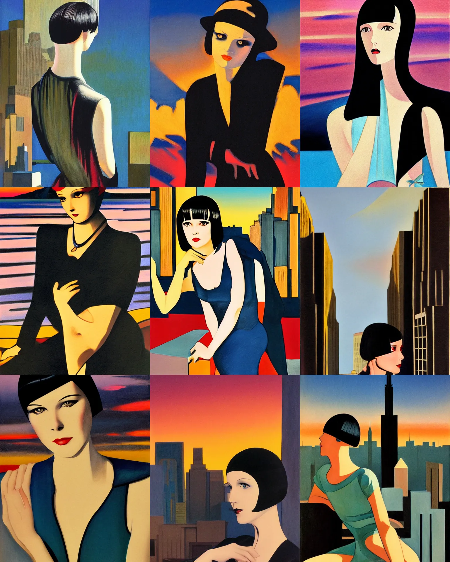 Prompt: mary louise brooks, dramatic light, art deco city background, sunset, high contrast, sharp, painted by stanley lau,, painted by stanley artgerm,, painted by patrick nagel