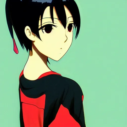 Image similar to black - haired girl with bob cut, forehead, short bangs, side profile, cel - shaded, cel - shading, 2 0 0 1 anime, flcl, jet set radio future, strong shadows subsurface scattering, cel shaded