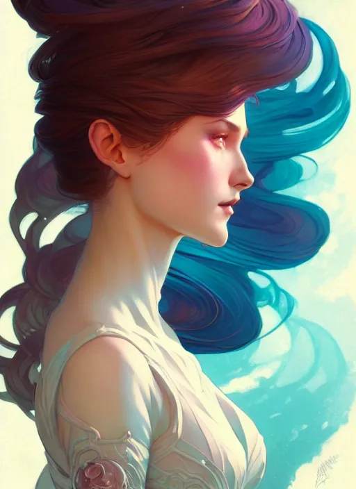 Prompt: side profile centered portrait, pretty girl by artgerm, cushart krenz, greg rutkowski, storyboard, west world show, mucha. art nouveau. gloomhaven, swirly vibrant ripples, gaudy colors, sharp edges. ultra clear detailed. 8 k. elegant, intricate, octane render