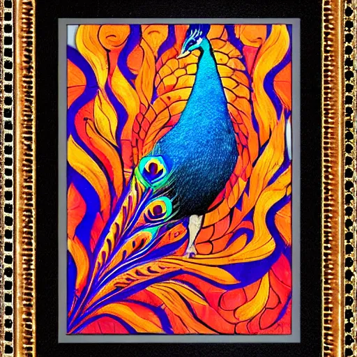 a peacock, rising above the flames, vibrant feathers, | Stable ...